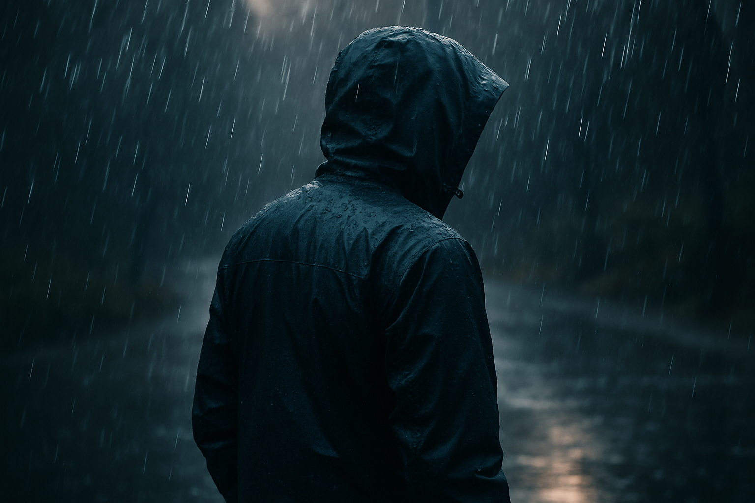 帮我生成一张人穿着冲锋衣在户外淋雨的图片!不要露脸