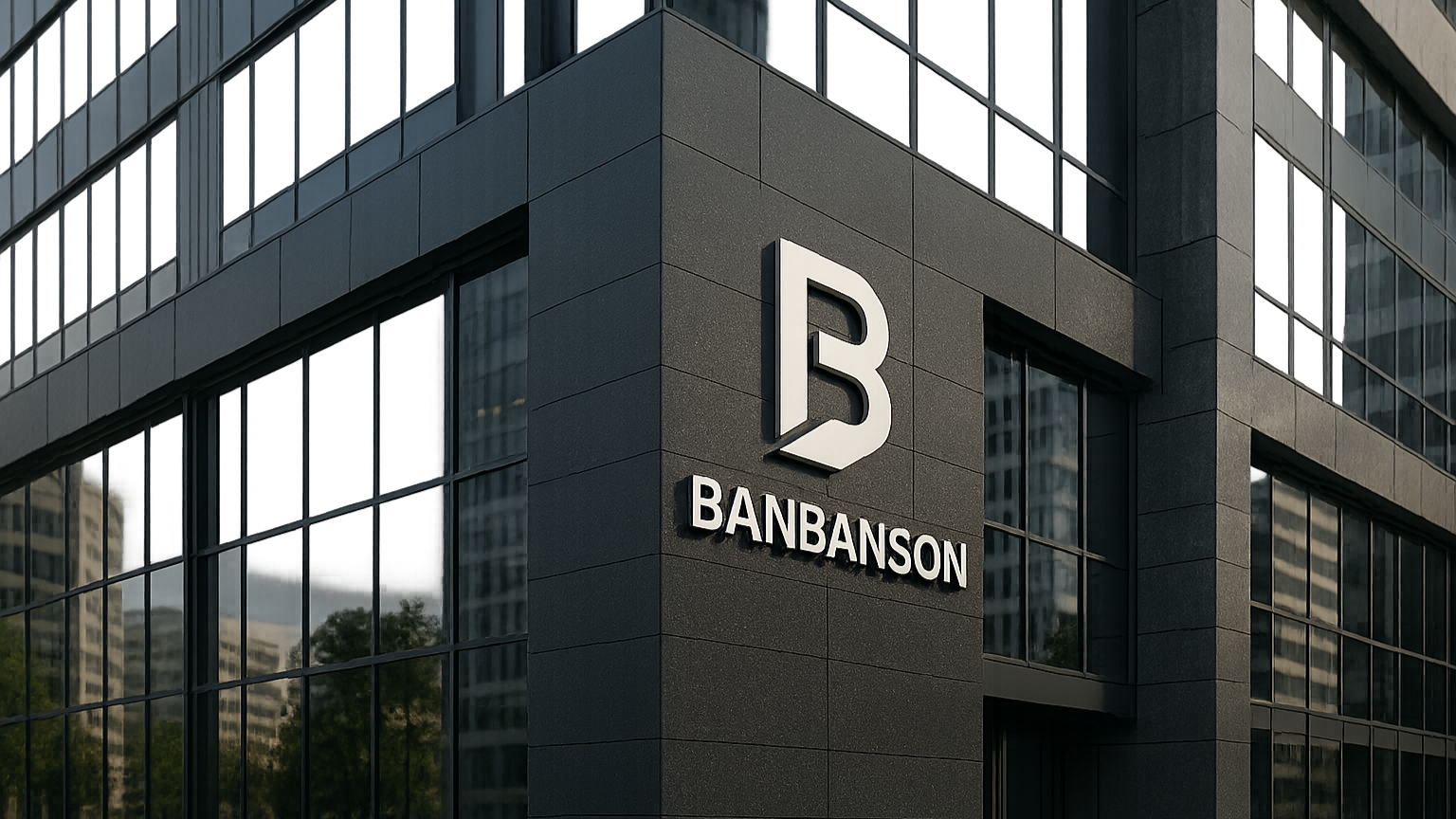 创造一张办公楼一角,展示banbanson公司logo的图片!